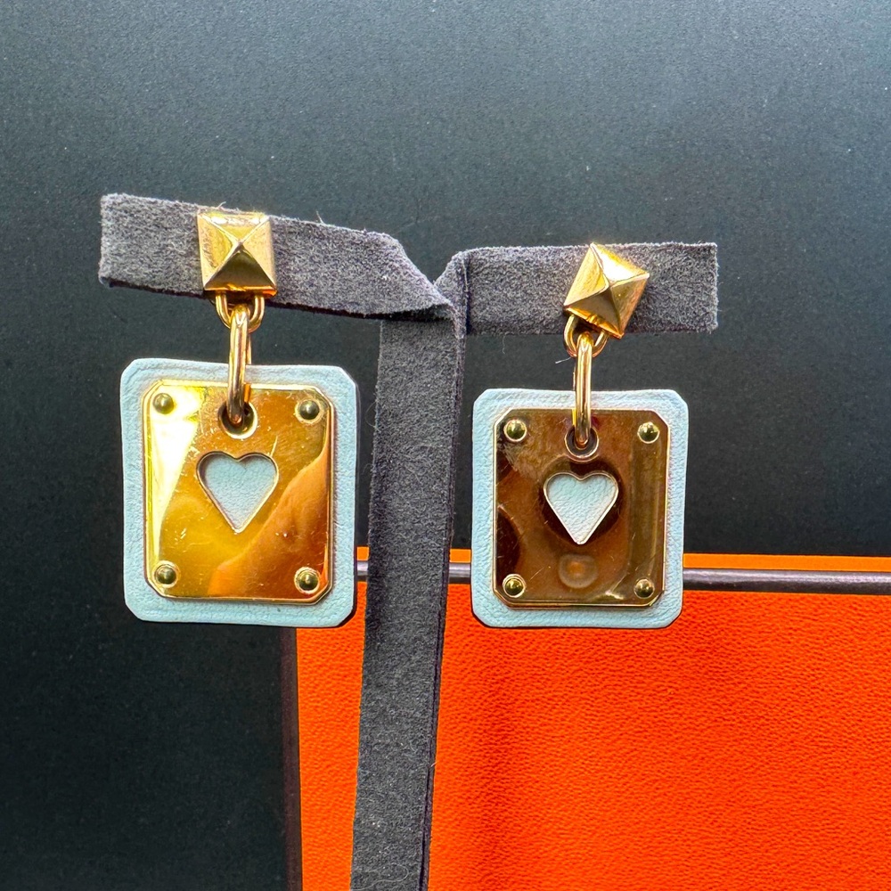 Hermes Gold & Light Blue Heart Plaque Drop Earrings